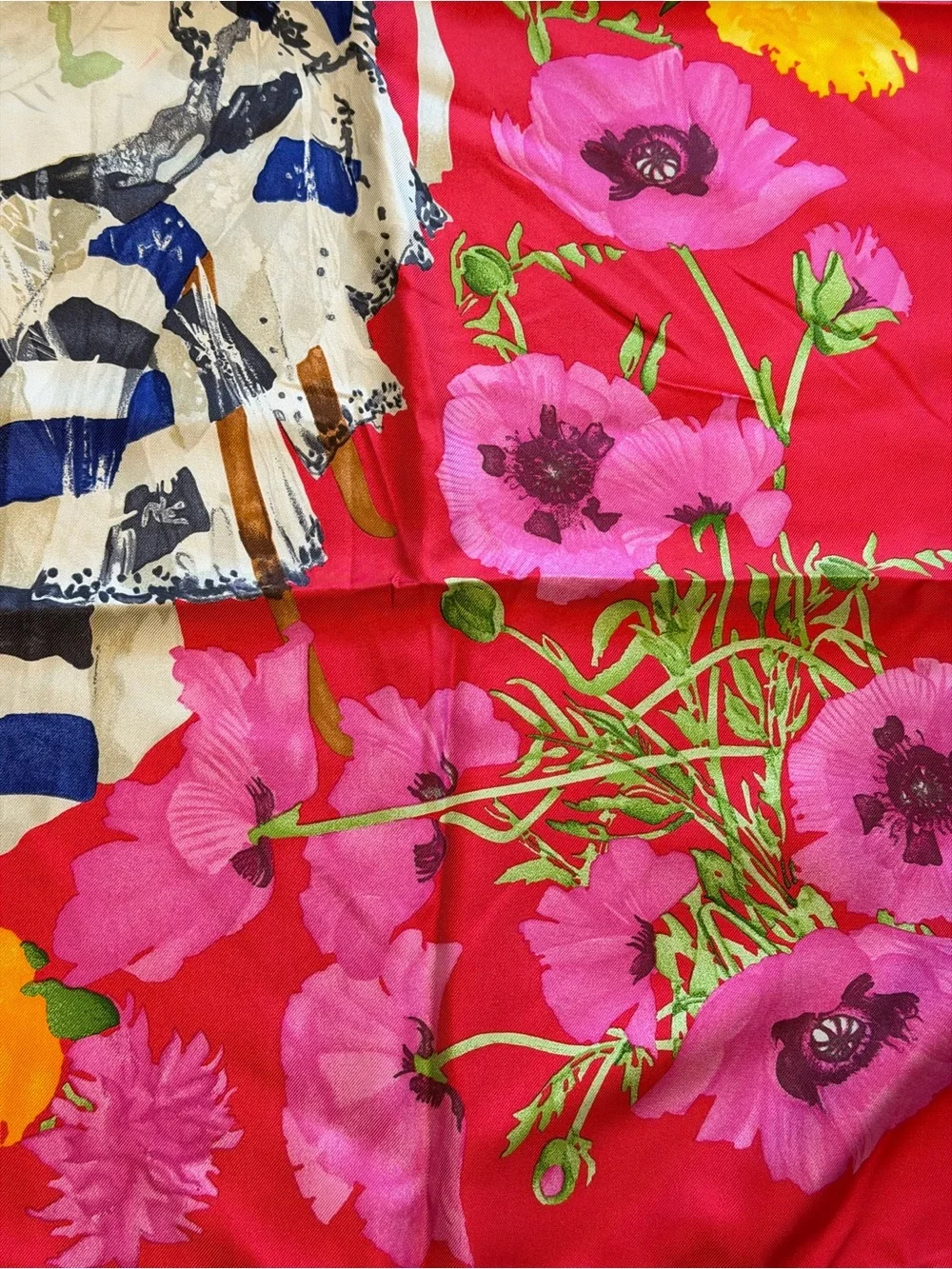 Gucci Red Silk Floral Scarf with Pink and Green Accents